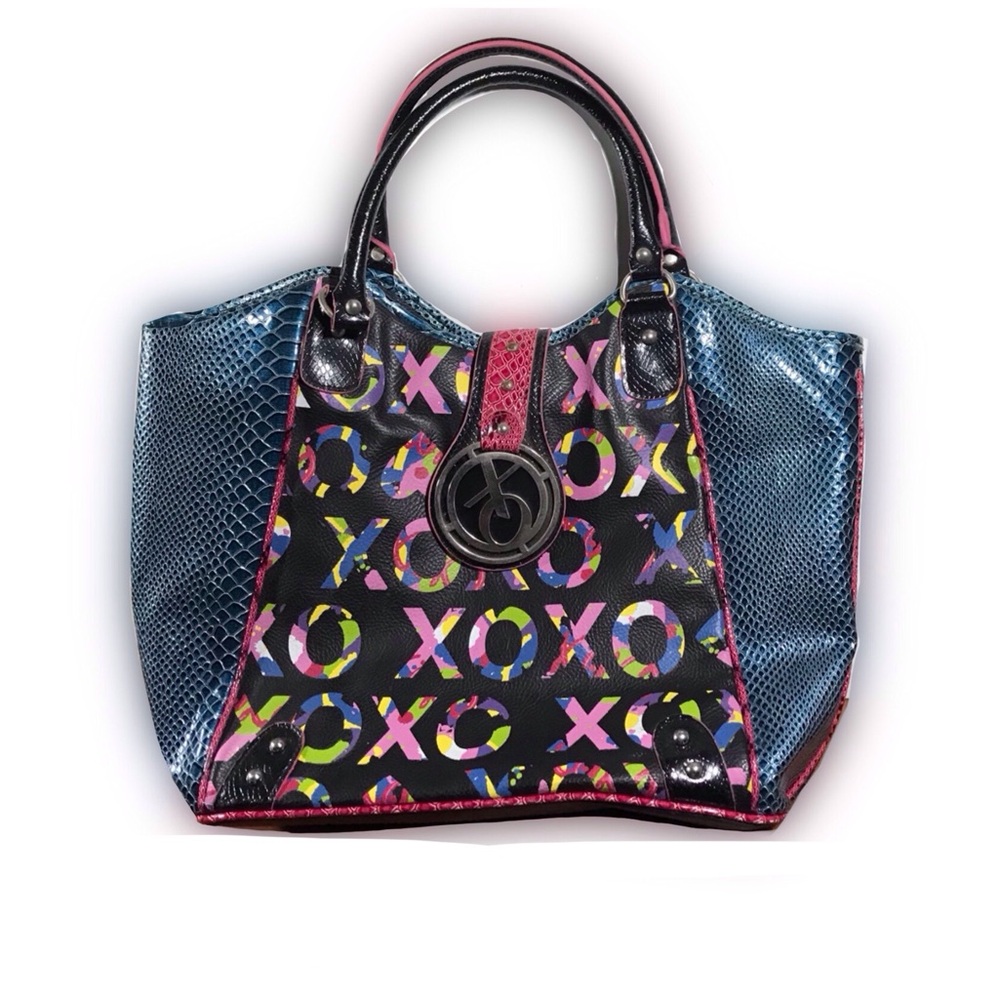 XOXO Colorful Patterned Tote with Blue and Pink Accents
